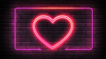 A glowing neon pink heart sign on a brick wall.