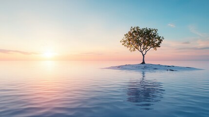 Wall Mural - Lone Tree on a Small Island at Sunset.