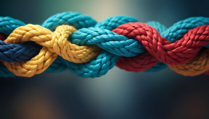 Team rope diverse strength connect partnership together teamwork unity communicate support. Strong diverse network rope team concept integrate braid colour background cooperation empower power.