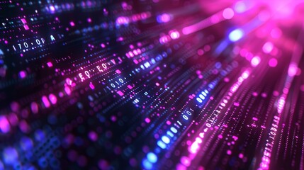 Poster - A visually engaging abstract image showcasing streams of data and codes, depicted through a series of vibrant pixels and light patterns primarily in pink hues.