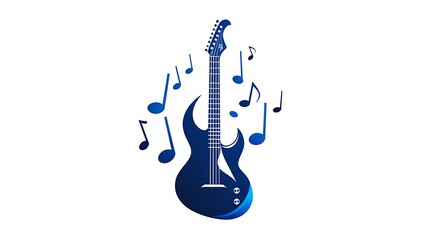 Wall Mural - Electric Blue Guitar and Musical Note Logo Vector Graphic with Geometric Shapes on White Background - Modern and Clean Design