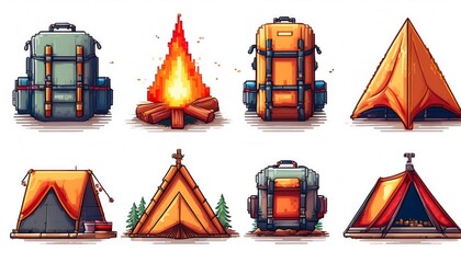 Wall Mural - Camping Equipment Pixelated Icons - 16-bit pixel art set of camping icons, featuring a tent, campfire, backpack. Game Design assets collection on white background. Graphic art 8 bit illustration