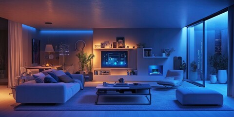 Wall Mural - Modern living room with blue lighting.