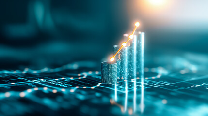 Poster - A three-dimensional financial growth chart rises above a digital city map, illustrating market trends and performance indicators in a contemporary business setting at dusk