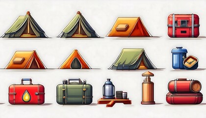 Wall Mural - Camping Gear Icons - Design an 8-bit pixel art asset collection with camping gear icons - tents, backpack. Game Design assets collection on white background. Graphic art 8 bit illustration