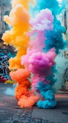 Canvas Print - This image captures a dramatic explosion of bright smoke clouds in various colors against a graffiti backdrop.