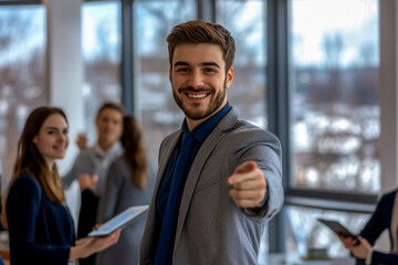 Wall Mural - A handsome young business man in a grey suit smiling and pointing