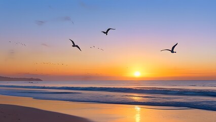 Wall Mural - High-angle view of a beach at dawn with silhouetted seagulls flying, capturing the serene and tranquil atmosphere of the coastal environment.