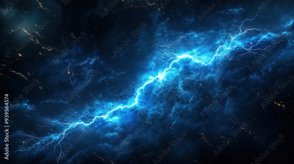 Dynamic blue lightning bolt streaking across a dark fantasy landscape ...