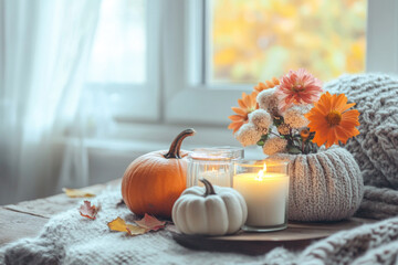 Wall Mural - Autumn cozy home decoration,  interior with candles, pumpkins and flowers on the table 