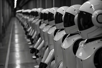 Poster - Black and white photograph of many identical futuristic robots standing in a line in a dark factory