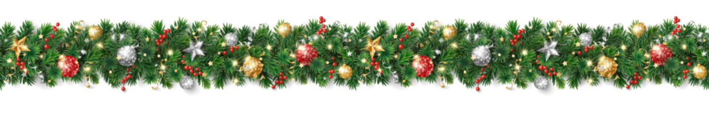 Wall Mural - Christmas seamless decoration isolated on white background. Christmas tree border, garland. Gold and red glitter ornaments, stars. For holiday headers, banners, party posters. Vector.