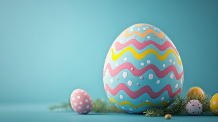 Easter composition. Decorated pastel Easter eggs on blue background top view copy space