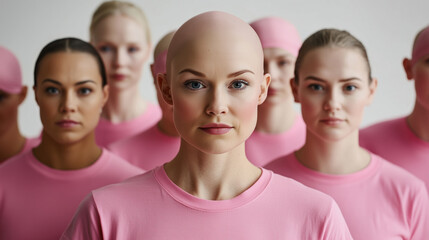 Close up image of  a serious bald and beauty woman in a group of women, looking at the camera. All the women are wearing pastel pink tshirts as a symbol of breast cancer.. 