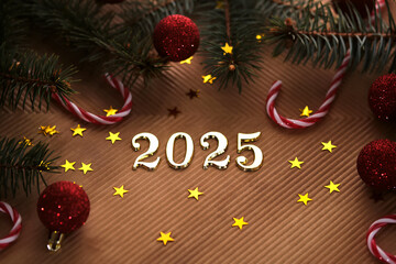 Wall Mural - new year 2025 beige background. number of the coming year in christmas decoration.