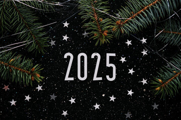 Wall Mural - new year 2025 dark background. number of the coming year in christmas decoration.