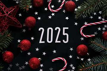Wall Mural - new year 2025 dark background. number of the coming year in christmas decoration.