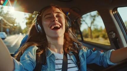photograph of overjoyed woman tourist enjoying car ride alone, listening to music, singing songs and