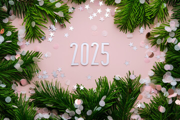 New Year 2025 pink background. Number of the coming year in Christmas decoration.