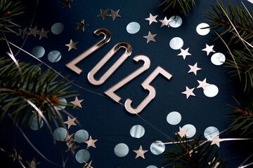 Wall Mural - new year 2025 blue background. number of the coming year in christmas decoration.