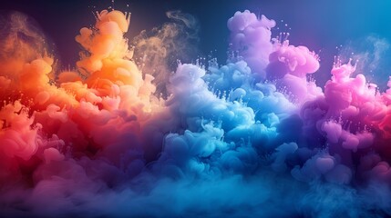 Wall Mural - This image showcases a dynamic burst of colorful smoke clouds in vibrant orange, blue, and purple hues beautifully blended together against a dark backdrop.