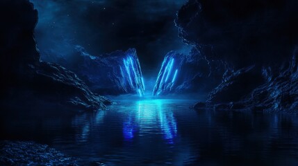 A futuristic night landscape featuring neon blue lights reflected on the water, with dark, mysterious surroundings.