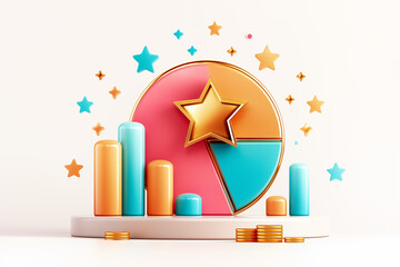 Poster - A vibrant 3D representation showcases a pie chart divided into segments with a star atop. Accompanying bar graphs enhance the visual appeal, surrounded by decorative stars and coins