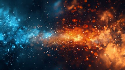 Sticker - This image showcases a dynamic mix of fiery orange and cool blue particles, symbolizing the contrast and harmony in the universe, illustrating cosmic energy blending.