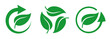© dlyastokiv - Green leaf and arrow icons for biodegradable recyclable organic bio labels package, recyclable and bio degradable package stamps, set recycle leaves label logo, leaf recycle, using recycled resources