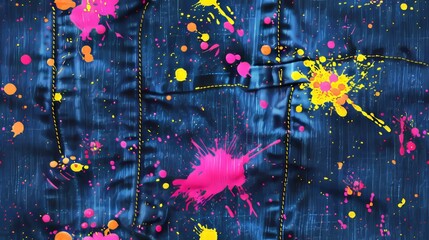 Canvas Print - This image showcases a dark fabric background adorned with vibrant colorful splatters of pink, yellow, and orange, forming an abstract pattern.