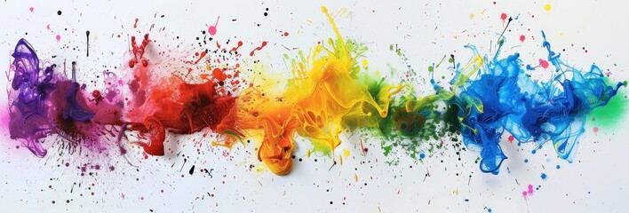 Canvas Print - A vibrant mix of rainbow-colored paint splashes spread across in an abstract, artistic composition against a plain white background.