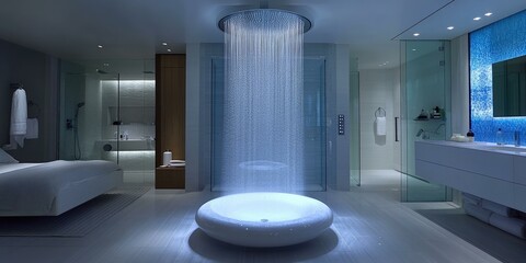 Wall Mural - Modern bathroom with a large round bathtub and rain shower.