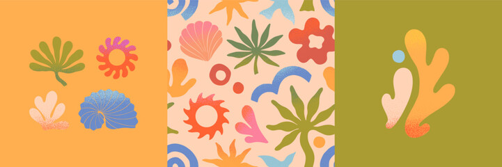 Wall Mural - vector summer cards.nature elements and artistic seamless pattern.hand drawn palm,sun,coral,seashell