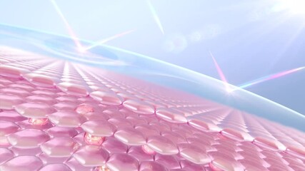 Poster - 3D animation of skin cells. Skin cell with UV protection. Advertisements for cosmetics, sunscreen, Cream, and serum. Ultraviolet shield reflect.