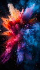 Wall Mural - Exploding in a brilliant burst, this image displays a vivid array of red, blue, purple, and orange powder colors, creating a dynamic and fiery visual impact on black.