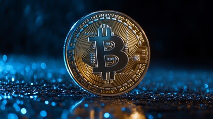 A close-up shot of a shiny gold Bitcoin cryptocurrency coin. The coin is positioned on a dark, textured surface, with the Bitcoin logo prominently displayed. This image symbolizes decentralization, di