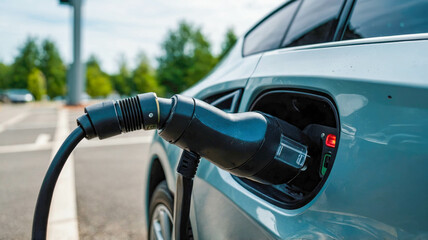 Wall Mural - A close-up view of an electric vehicle being charged, emphasizing green energy