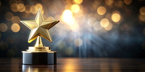 Golden Star Award Trophy on Wooden Table, Award, Trophy, Recognition, Achievement