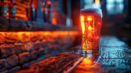 glass, tall glass of beer on a counter in a bar. beer with thick white foam on top. bar counter made of wood. low alcohol drink, time at the bar