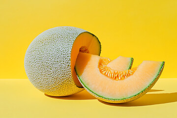 Wall Mural - A sliced cantaloupe melon on a bright yellow background.