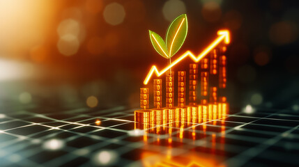 Poster - A plant emerges from a rising graph on a grid surface, symbolizing growth in a digital economy. This visual illustrates the connection between nature and financial progress