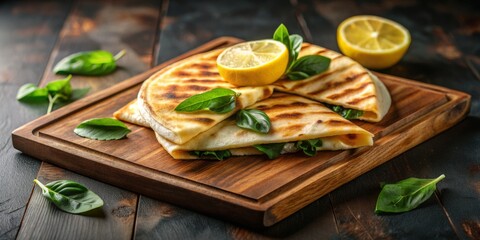 grilled quesadillas with lemon and basil on wooden cutting board, quesadillas , mexican food , appet