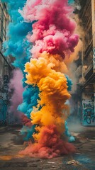 Wall Mural - This image captures a dynamic explosion of vibrant colored smoke in an alleyway adorned with intricate graffiti art.