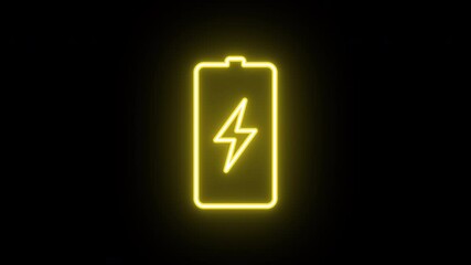 Poster - Neon battery sign animation, uniform rotation with color blink. Glowing neon 3D electric battery icon, looped spin with blink. Electric energy, charge station, battery with lightning. 4 colors