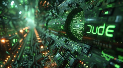 Canvas Print - A complex futuristic digital circuit design featuring neon green lighting and intricate electronic components, capturing the essence of advanced technology and innovation.