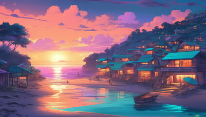 anime cartoon beach village shore vacation tropical travel sunset sunrise island cruise ocean background