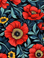 Wall Mural - A mesmerizing pattern of red poppy-like flowers blooming against a backdrop of teal leaves.  This design evokes feelings of growth, nature, and vibrancy.