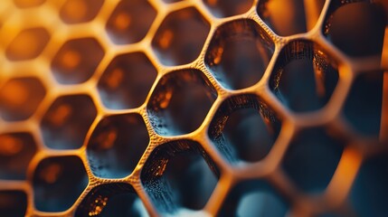 Wall Mural - Macro shot of a 3D hexagonal honeycomb with soft lighting, showcasing the uniformity and precision of the design.