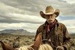 © ylivdesign - Weathered cowboy with a white mustache is riding a horse in a high desert landscape