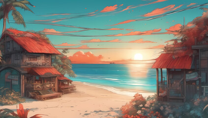 anime cartoon beach village shore vacation tropical travel sunset sunrise island cruise ocean background